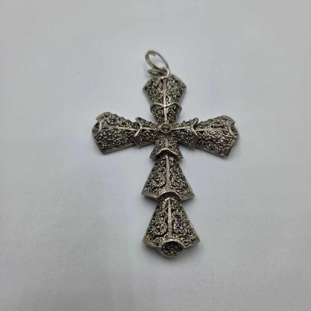 Vintage Filigree Cross Pendant Tiered Silver Tone Ornate Religious Boho 2.75"
